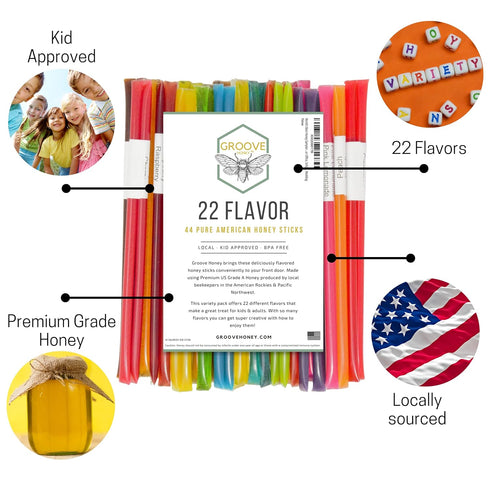Packets Flavored Honey Sticks - Farm Fresh US Honey for Tea, Travel, Kids - Variety Flavors