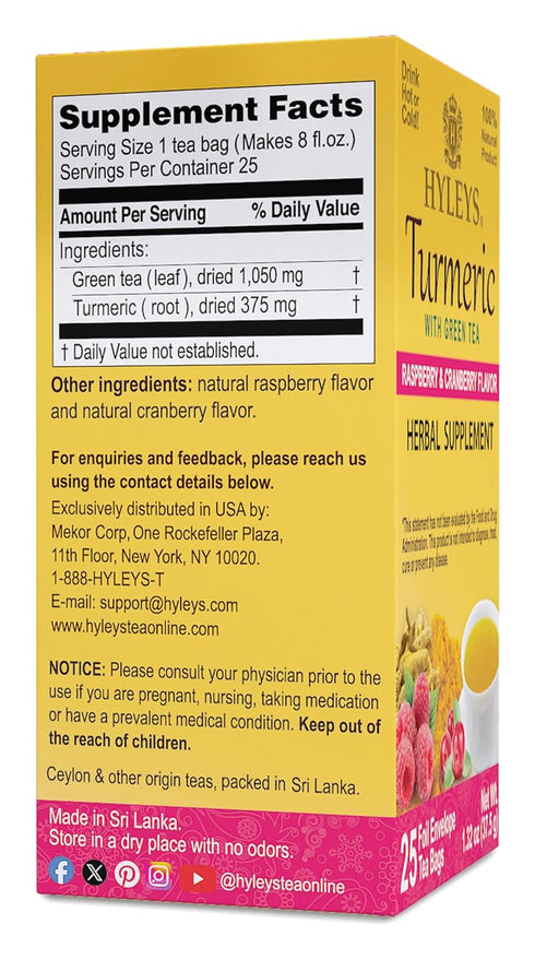 Hyleys Turmeric Tea - Raspberry & Cranberry Flavors, 25 Tea Bags - Wellness Herbal Supplement Green Tea