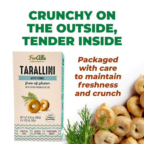 For Alle 6x1.05 oz (6.34 oz) (Pack 4) Gluten-Free Tarallini with Fennel and Extra Virgin Olive Oil, Traditional Italian