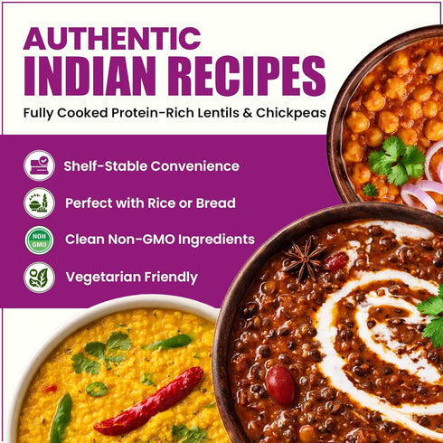 Pack 6, 1.5 6 Pack 10 oz Meal Delight Dal Makhani, Dal Tadka & Chana Masala, Ready to Eat Indian Meals, Variety of Heat