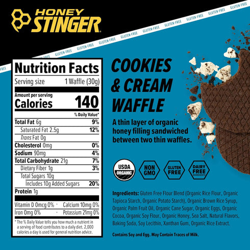 Honey Stinger Organic Gluten Free Cookies & Cream Waffle - 16 Waffles, 16.96 Ounce