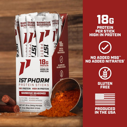 1st 18g 15 Count Phorm Meat Sticks, Seasoned BBQ Protein Snacks, Protein Per Serving, Pork & Beef Sticks, Healthy