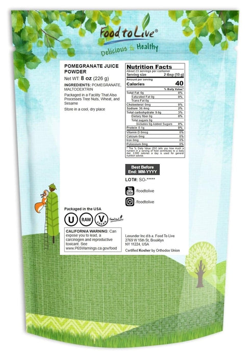 8 100% Food to Live Pomegranate Juice Powder, Ounces Natural Antioxidant, Rich Superfood for Smoothies, Baking