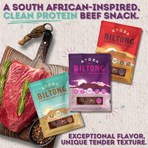 Pack (2 Pack 3) Ayoba Grass Fed Beef Biltong Slices, Variety Ounce, of - Authentic South African Protein Snacks