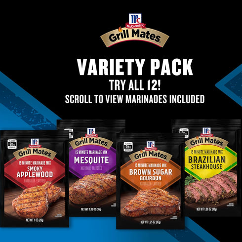 Pack, 12 12.32 oz McCormick Grill Mates Marinade Mix Variety Includes Marinade Mixes, Sweet, Smoky, Spicy, and Savory