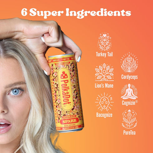 12 Oz Polkadot Spark Seltzer, Strawberry Lemonade Flavor, Sparkling Drink with L-Theanine, Lions Mane, Ginkgo