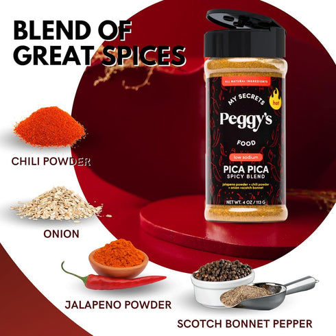 My Secrets Peggy's Pica Pica Spicy Blend - Premium Spice Mix with Jalapeño & Scotch Bonnet - 3.5 Oz