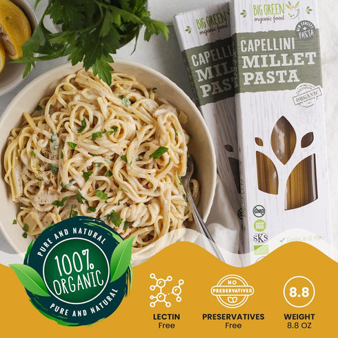 2.75 lb (5) Big Green Organic Food- Organic Millet Capellini, Gluten-Free, Lectin-Free, Non-GMO, Vegan, Wheat and Rice