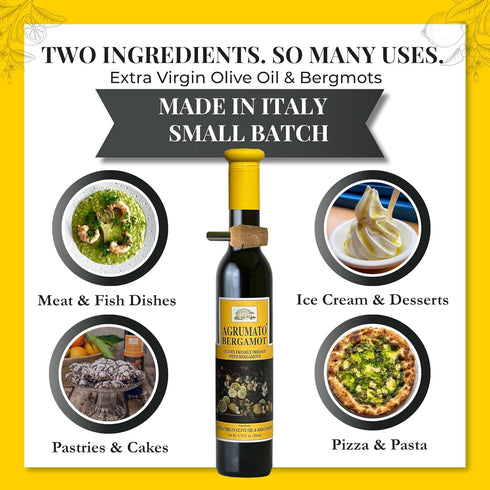 Agrumato 6.76 Oz Bergamot Olive Oil, Cold Pressed Italian Extra Virgin with Fresh Citrus Peel, Small Batch Gourmet
