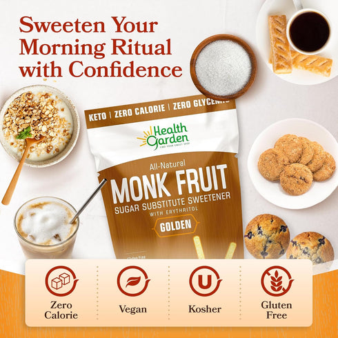 15oz 1:1 Health Garden Monk Fruit Sweetener, Golden, Bag Monk Fruit Sugar Substitute with Erythritol Zero Calorie