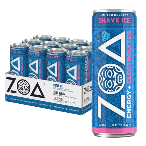 ZOA Sugar Free Energy Drink with Electrolytes, Blue Raspberry Shave Ice, Vitamin