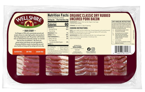 Wellshire Farms 8 oz Organic Uncured Bacon Made from Organic Pork with Sea Salt & Celery Powder, No Nitrates