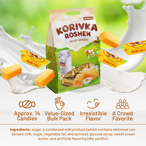 7.23oz (205g), 14 Pack 1 Roshen Korivka Milk Fudge Candy, Approx. Pieces, Ukrainian Non-Glazed Dairy Fudge with Sugary
