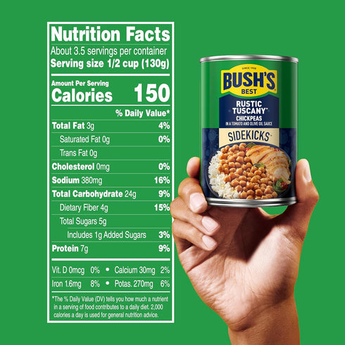 15.5 oz (Pack 12) BUSH'S BEST Canned Rustic Tuscany Chickpeas, Source of Plant Based Protein and Fiber, Low Fat, Gluten