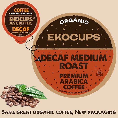 30% 40 Count EKOCUPS Organic Swiss Water Decaf Medium Roast Coffee Pods, More Coffee Per Cup, Fair Trade Decaffeinated