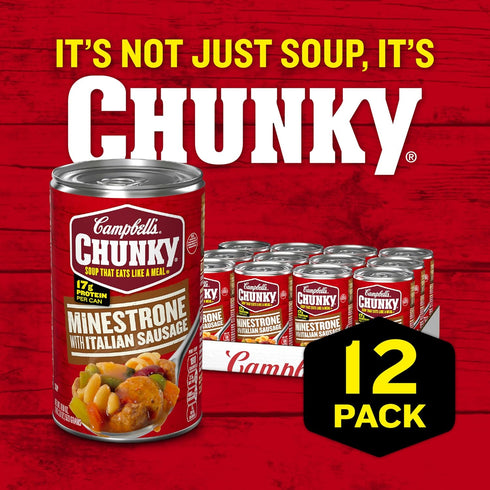 18.8 12) Campbells Chunky Soup, Minestrone With Italian Sausage Soup, Ounce Can (Case