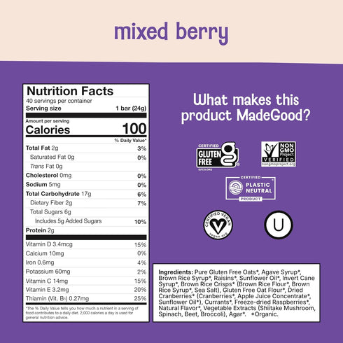 (40 Count 0.85 Oz MadeGood Mixed Berry Granola Bars - Each) Gluten Free and Organic Healthy Snacks
