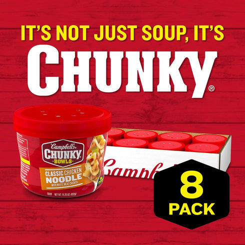 15.25 oz 8) Campbell's Chunky Soup, Classic Chicken Noodle Soup, Microwavable Bowl (Case