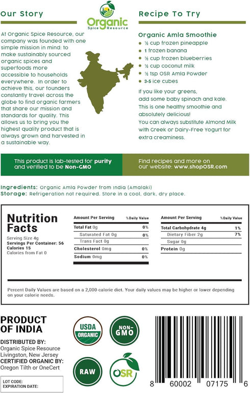 Organic Amla Powder, 8 oz (226g), Non-GMO, 100% Raw from India, by SHOPOSR