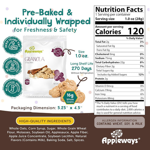 1 oz 20 Count Appleways Whole Grain Granola Bites, - Crispy Nut Free Snacks for Office, School, Work & Grab-and-Go