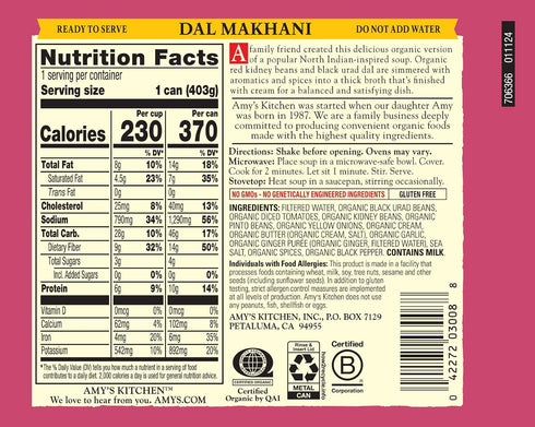 14.2 Oz, Pack 12 Amy's Soup, Organic Dal Makhani Soup