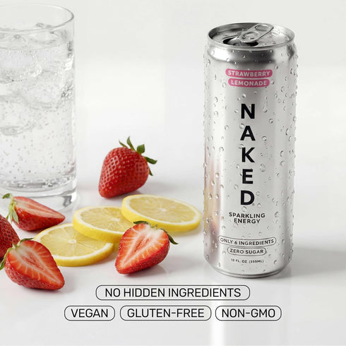 12oz (Pack 12) Naked Sparkling Energy Drink - Strawberry Lemonade, Organic Caffeine, Organic Lemon Juice, Zero Sugar