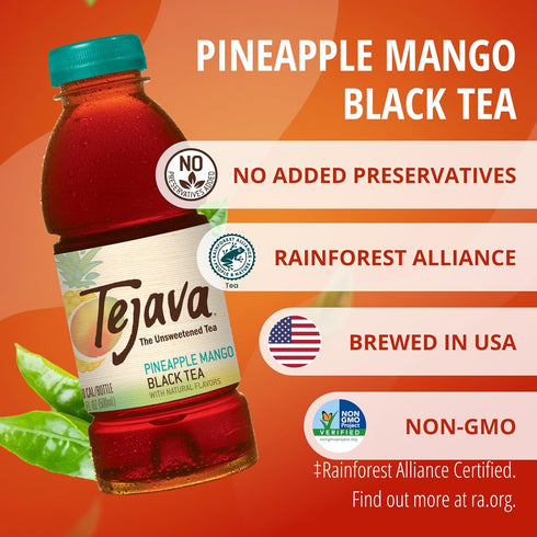 12 Pack, 16.9oz Tejava Pineapple Mango Black Iced Tea, PET Bottles, Unsweetened, Non-GMO, Kosher, No Sugar