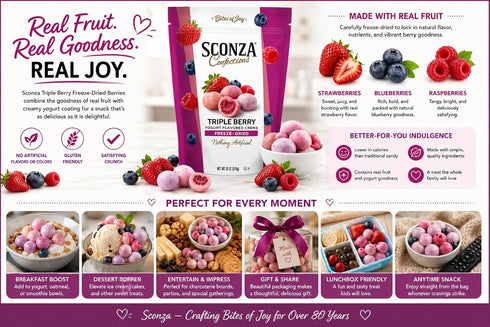 Sconza 18 oz Triple Berry Freeze-Dried Berries Covered in Yogurt Flavored Crme, Strawberry Blueberry Raspberry Candy