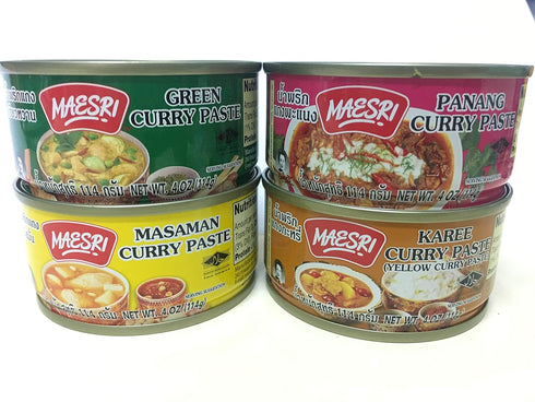 Maesri Variety Curry Paste 4pk Green, Karee, Masaman, & Panang Curry -
