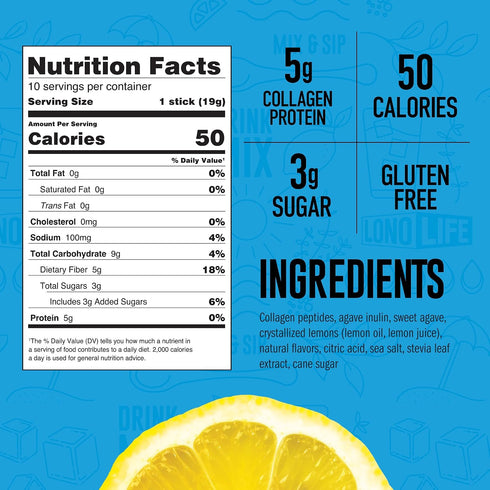 10 Packets, 5g 50 LonoLife Refreshing Protein Sips Lemonade Drink Mix, Single Serve Collagen Protein, Calories