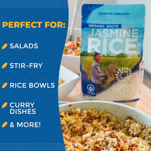 30 Oz (Pack 3) Lotus Foods Organic White Jasmine Rice - Jasmine Rice, Gluten Free White Rice, Organic Rice, Long Grain