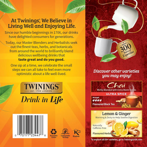 100 Count (Pack 1), 100 Twinings Chai Black Tea Individually Wrapped Bags, of Richly Blended with Warm Spices