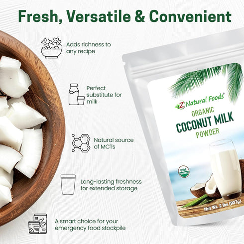 2 lbs Z Natural Foods Organic Coconut Milk Powder - All-Natural Vegan Dairy-Free Alternative with MCTs - Unsweetened