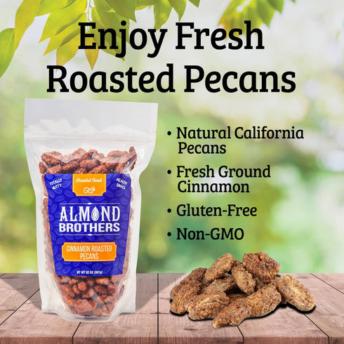 2 lb Almond Brothers Cinnamon Roasted Pecans - Bag - Hand Crafted Cinnamon Candied Pecans - Gluten-Free, Non-GMO