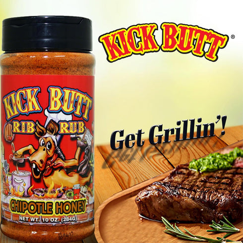 10oz Kick Butt Chipotle Honey Rib Rub - Sweet, spicy, and awesome on the grill! Use on ribs, chicken, fish or pork