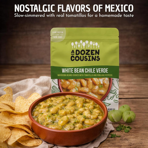 Dozen 6pk, A Cousins Vegan White Bean Chile Verde Seasoned Healthy Microwave Beans in Avocado Oil, Ready to Eat
