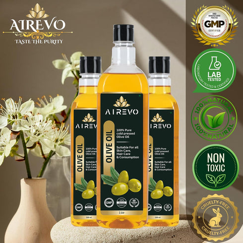 (1000ML) AIREVO Extra Virgin Olive Oil -Cold Pressed, Rich in Vitamin E & K, Heart-Healthy MUFA, Ideal for Salad