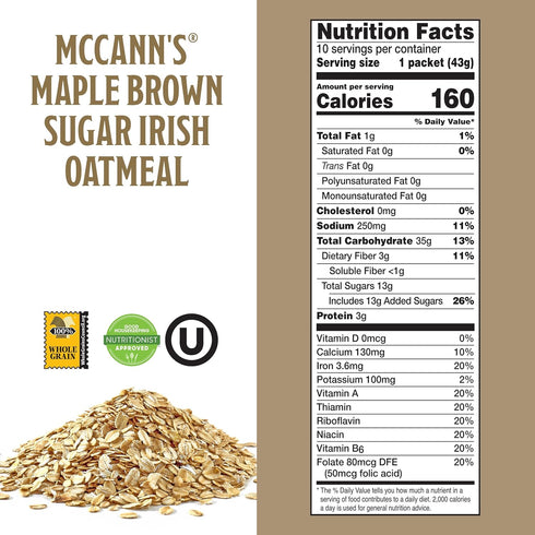 10 Packets McCann's Instant Irish Oatmeal, Maple & Brown Sugar