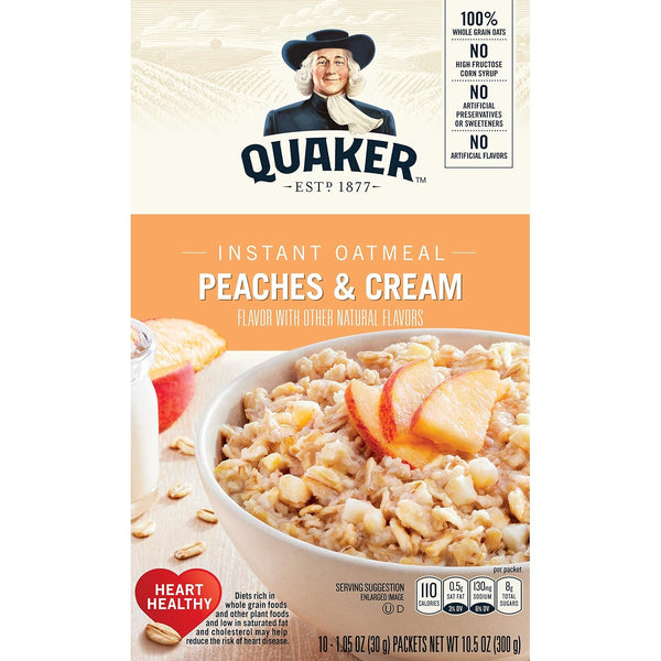 Quaker Instant Oatmeal, Peaches & Cream, Breakfast Cereal, 10 Packets Per Box