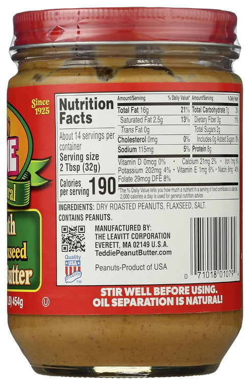 16 Teddie Smooth All Natural Peanut Butter with Flaxseed, Ounce