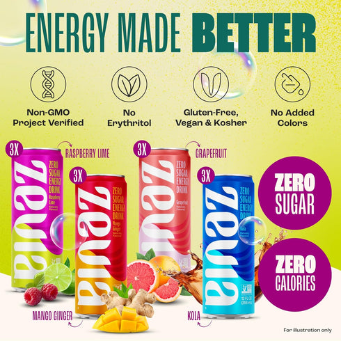 Pack, 12 oz (12-Pack) Zevia Zero Sugar Energy Drink, Classic Variety Cans Naturally Sweetened, Non-GMO Project