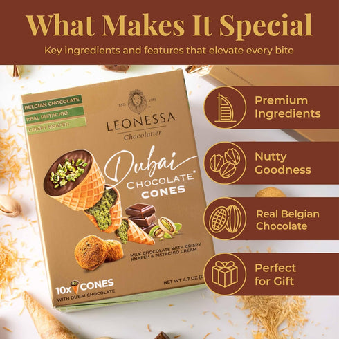 4.7 oz Leonessa Dubai Chocolate Cones with Pistachio Kunafa | Made with Premium Belgian Chocolates | Kunafa Chocolate |