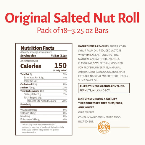 Pack 18-3.25 oz. Pearson's King Original Salted Nut Roll | Loaded With Crunchy Roasted Peanuts, Golden Caramel