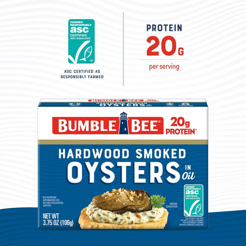 3.75 oz (Pack 12) 18g Bumble Bee Canned Hardwood Smoked Oysters, Cans of - Ready to Eat - Protein per Serving - Gluten