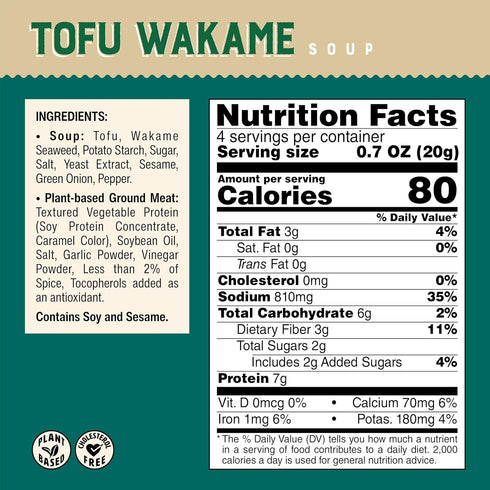 26g Packets, 4-Pack, (2.8 Oz 80g 4), Space Soup Instant Soup, Plant-Based & Ready in Minutes / (Box of Tofu Wakame)