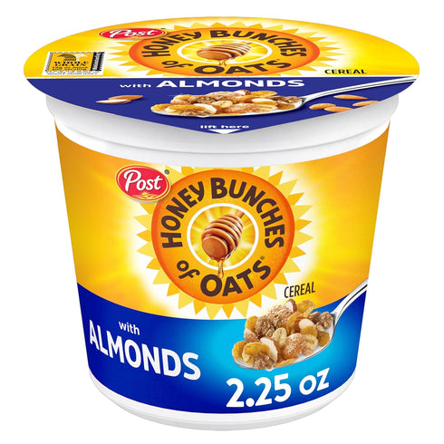 2.25 oz (Pack 12) Honey Bunches of Oats with Almonds Breakfast Cereal Cup with Oat and Granola Clusters, Individual