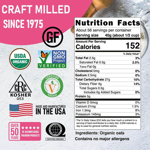 5 Lb Great River Milling Organic Old Fashioned Rolled Oats | Gluten Free Whole Grain, USDA Organic, Non-GMO, Kosher |