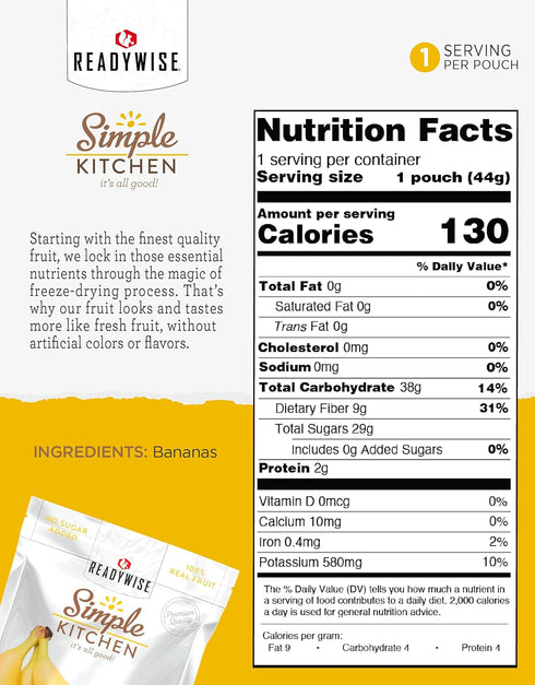 24 Pack 6, Backpacking, READYWISE - Simple Kitchen, Freeze-Dried Bananas, Servings, of Vegetarian, Gluten Free, Snacks