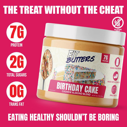 Fit Butters Birthday Cake Cashew Almond Butter Spread - Added Protein and Coconut Oil, Low Carb, Low Sugar, Gluten