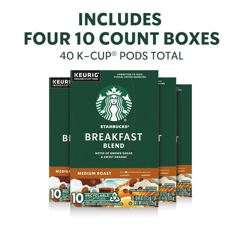 40 Starbucks K-Cup Coffee Pods, Medium Roast Hot or Iced Coffee, Breakfast Blend, Keurig Pods